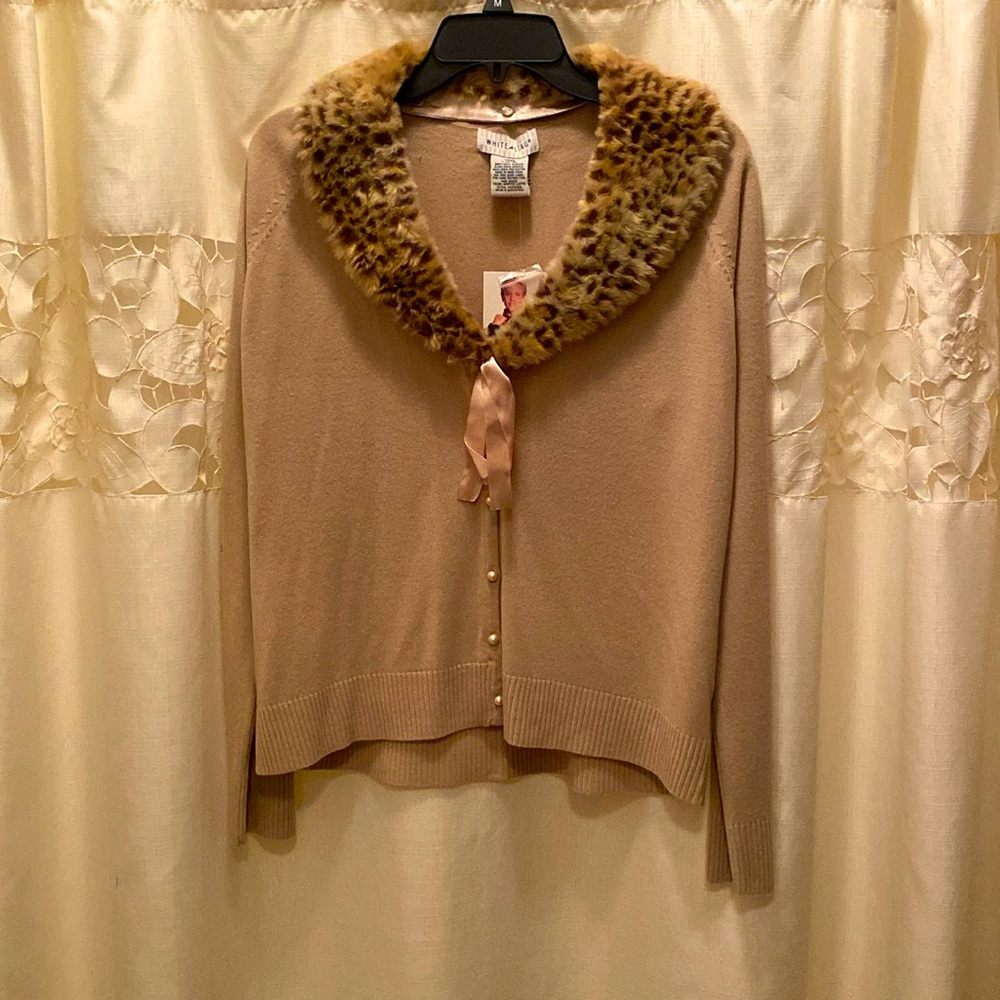 Woman’s White Stag Cardigan Sweater with  Faux Fur removable collar